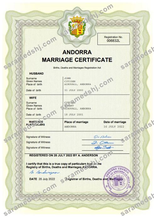 Andorra marriage certificate Word and PDF template